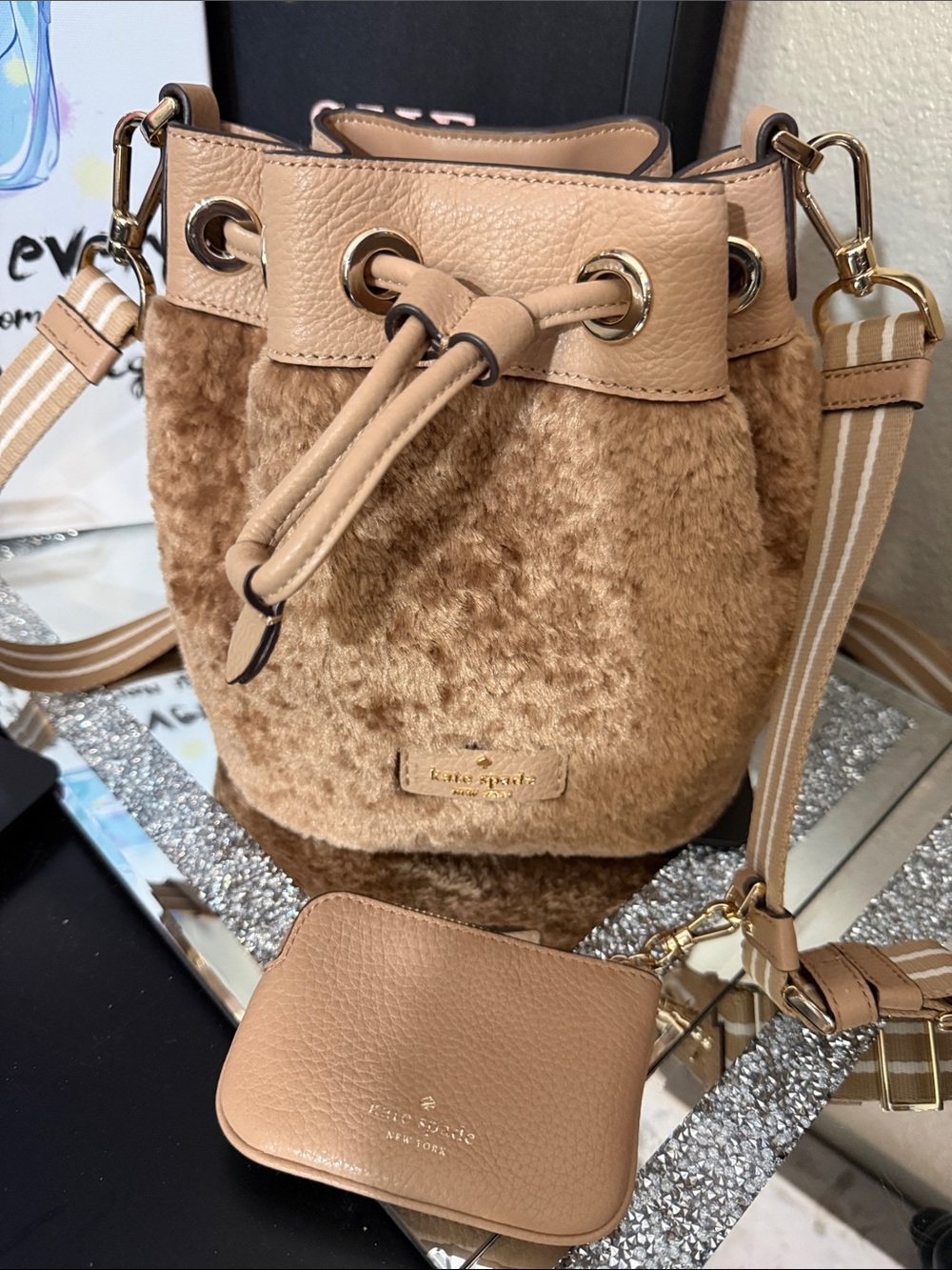 kate spade Brown Faux Fur Drawstring Crossbody w/Striped Strap with coin purse
